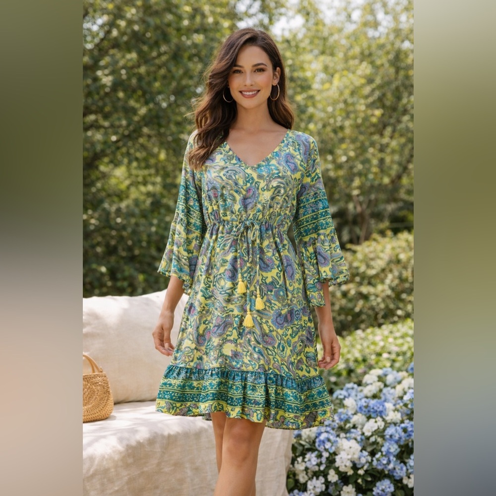 Boho Paisley Bell Sleeve Dress | Drawstring Waist | Green Yellow Blue